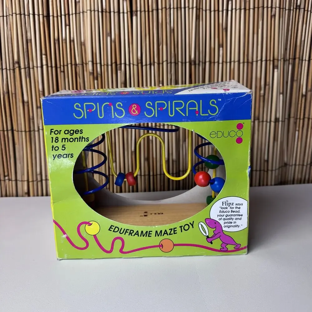 Vintage Educo Spins & Spirals Mini-Size Eduframe Wooden Bead Wire Maze Toy NIB